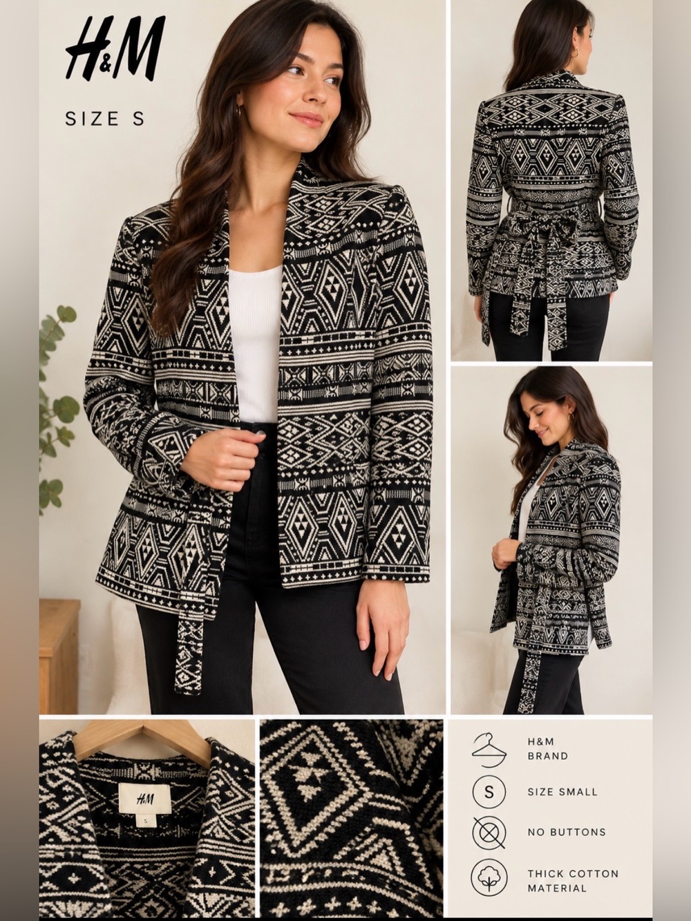 H&M Size 2 Beautiful Cotton Black & White Geometric Belted Blazer
